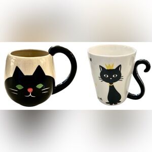 Bundle 2 Black Cat Ceramic Mugs Coffee Cup  Off-White Black Cute Collectible